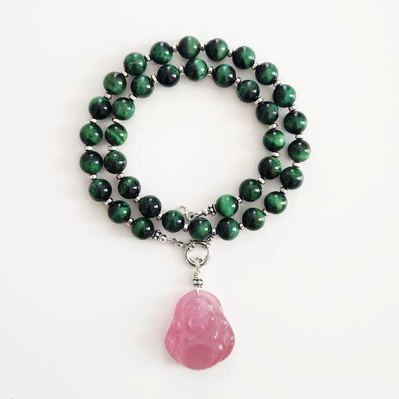 GREEN TIGERS EYE NECKLACE W/ HAPPY BUDDHA PENDANT--16" - Picture 2 of 2
